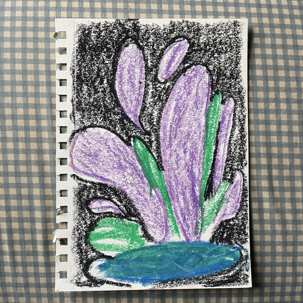 Original Abstract Flower Pastel Drawing Botanical Purple Oman Hosea 5.5x8.5